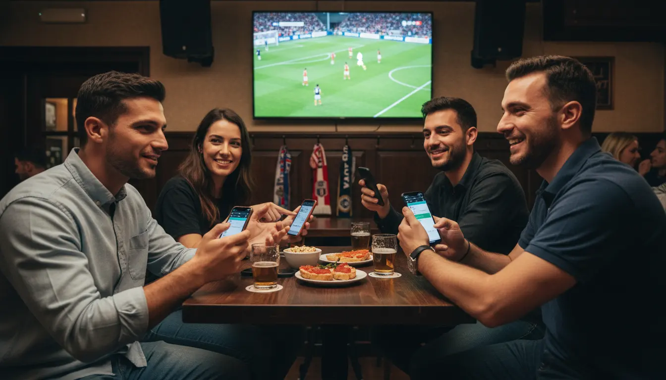 Tifosi italiani che guardano una partita di calcio su diversi dispositivi mobili in un bar sportivo