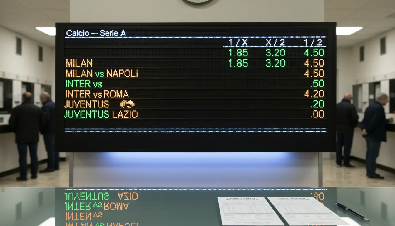 Tabellone elettronico con quote decimali di una partita di calcio in un centro scommesse italiano