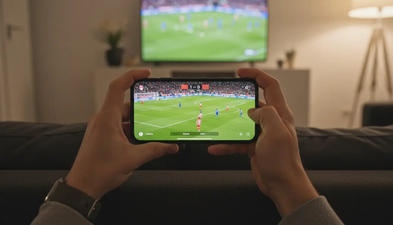 Mani che tengono uno smartphone con una partita di calcio in streaming durante il live betting