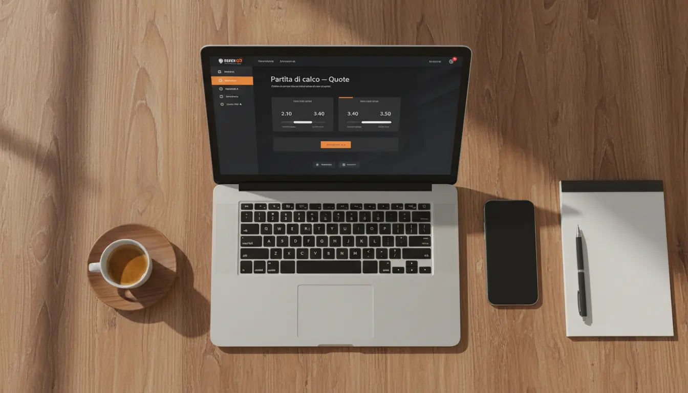 Schermo di un laptop con una piattaforma di scommesse calcio aperta su una scrivania ordinata